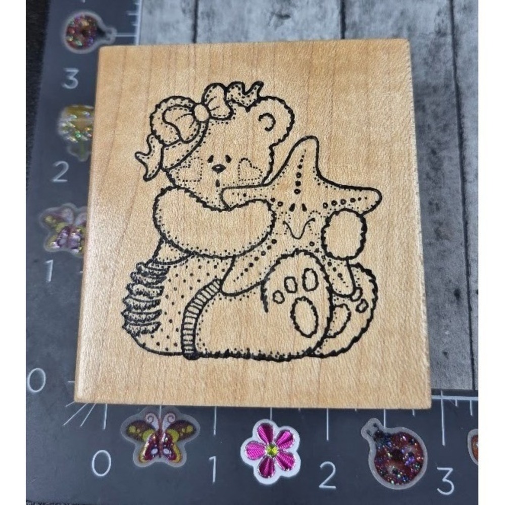 Darcie's Teddy Bear Holding Starfish Country Stitch M1523 Rubber Stamp Wood #H58